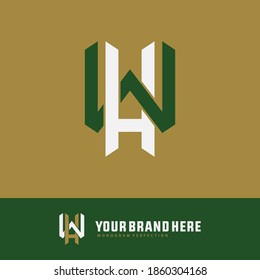Letra inicial H, W, WH o HW superpuestas, enclavadas, logotipo monograma, color verde y blanco sobre fondo dorado