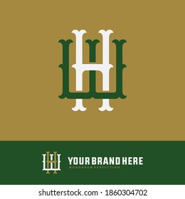 Initial letter H, W, WH or HW overlapping, interlock, monogram logo, green and white color on gold background