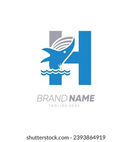 Initial Letter H Whale Jumping in the Water Logo Design Vector Icon Graphic Emblem Illustration