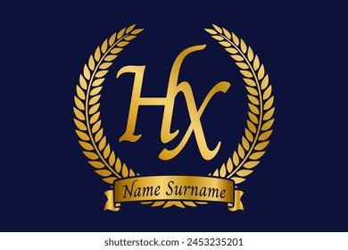 Initial letter H and X, HX monogram logo design with laurel wreath. Luxury golden calligraphy font.