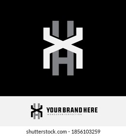Initial letter H, X, XH or HX overlapping, interlock, monogram logo, white and gray color on black background
