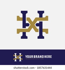 Initial letter H, X, XH or HX overlapping, interlock, monogram logo, blue and gold color on white background
