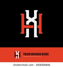 Initial letter H, X, XH or HX overlapping, interlock, monogram logo, orange and white color on black background