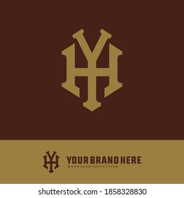 Initial letter H, Y, YH or HY overlapping, interlock, monogram logo, gold color on brown background