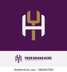 Initial letter H, Y, YH or HY overlapping, interlock, monogram logo, white and gold color on purple background