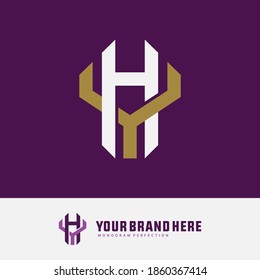 Initial letter H, Y, YH or HY overlapping, interlock, monogram logo, white and gold color on purple background