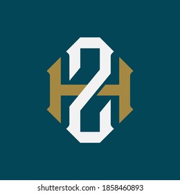 Überlappende Anfangsbuchstaben H, Z, ZH oder HZ, Verriegelung, Monogramm-Logo, Gold-Weiß-Farbe auf grünem Hintergrund