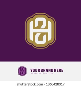 Letra inicial H, Z, ZH o HZ solapadas, entrelazadas, logotipo monograma, color blanco y dorado sobre fondo púrpura