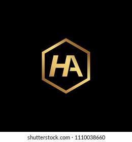 Initial letter HA AH minimalist art hexagon shape logo, gold color on black background