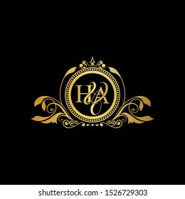Initial letter HA logo luxury vector mark, gold color elegant classical symmetric curves decor.