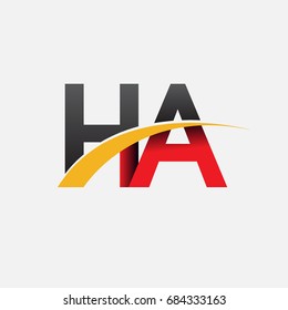 initial letter HA logotype company name colored red, black and yellow swoosh design. isolated on white background.
