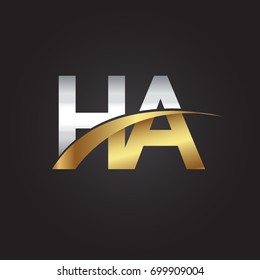 initial letter HA logotype company name colored gold and silver swoosh design. isolated on black background.