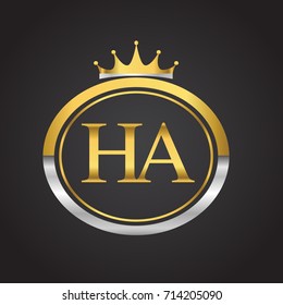 initial letter HA logotype company name with oval shape and crown, gold and silver color. vector logo for business and company identity.