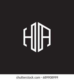 Initial letter HA, minimalist line art monogram hexagon shape logo, white color on black background