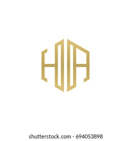Initial letter HA, minimalist line art hexagon shape logo, gold color