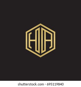Initial letter HA, minimalist line art hexagon logo, gold color on black background
