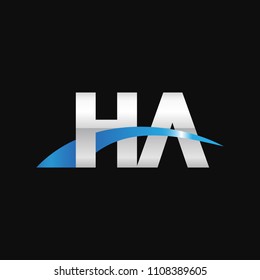 Initial letter HA, overlapping movement swoosh logo, metal silver blue color on black background