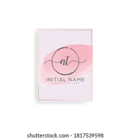 AT Initial Letter handwriting logo hand drawn with watercolor background template vector, logo for beauty, cosmetics, wedding, fashion and business
