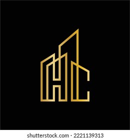 Letra inicial HC diseño de logotipo de edificio monograma, Apartamento, plantilla de logotipo de edificio inmobiliario de lujo, elegante propiedad inmobiliaria, edificio, palacio, logotipo de arquitectura, icono de propiedades Art Premium, oro.