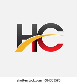 initial letter HC logotype company name colored red, black and yellow swoosh design. isolated on white background.
