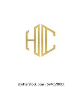 Initial letter HC, minimalist line art hexagon shape logo, gold color