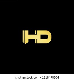 Initial letter HD DH minimalist art logo, gold color on black background.