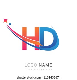 initial letter HD logotype company name colored orange, red and blue swoosh star design. vector logo for business and company identity.