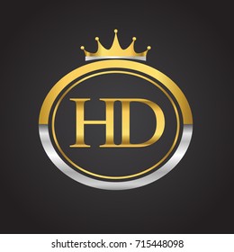 initial letter HD logotype company name with oval shape and crown, gold and silver color. vector logo for business and company identity.