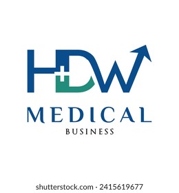 Initial Letter HDW Medical, Hospital or Cross Plus Business Arrow Up Icon Logo Design Template
