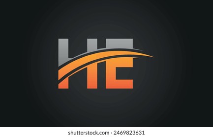 Initial Letter HE Logo Design With Swoosh. Creative And Modern HE Logo Design on Black Background.