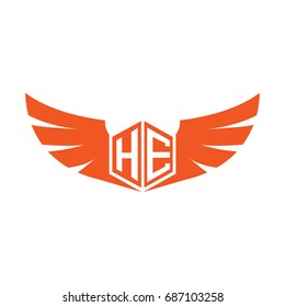Initial Letter HE Logo, Hexagonal Shape with Wings Icon