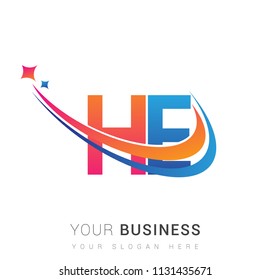 initial letter HE logotype company name colored orange, red and blue swoosh star design. vector logo for business and company identity.