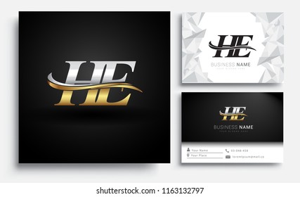 initial letter HE logotype company name colored gold and silver swoosh design. Vector sets for business identity on white background.