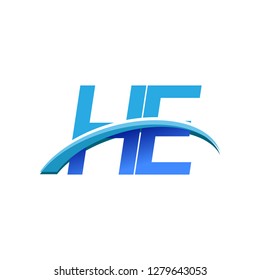 initial letter HE logotype company name colored blue and swoosh design. vector logo for business and company identity.