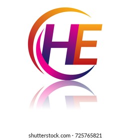 initial letter HE logotype company name orange and magenta color on circle and swoosh design. vector logo for business and company identity.