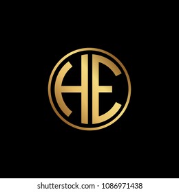 Initial letter HE, minimalist art monogram circle shape logo, gold color on black background