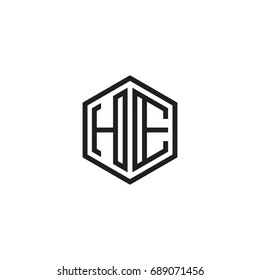 Initial letter HE, minimalist line art monogram hexagon logo, black color