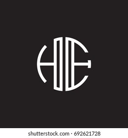 Initial letter HE, minimalist line art monogram circle shape logo, white color on black background