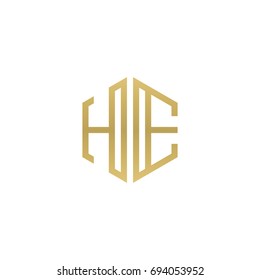 Initial letter HE, minimalist line art hexagon shape logo, gold color