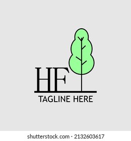 Letra inicial HF con el logo del árbol verde. Mínimo, sencillo y único.