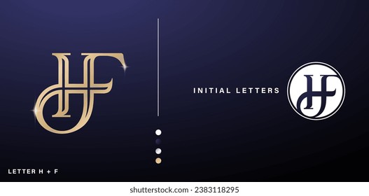 Initial Letter HF logo design golden color alphabet with line art style for business card icon, corporate signs, advertisement materials golden foil, collages prints, ads campaigns, wedding invitation