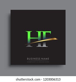 initial letter HF logotype company name colored green and gold swoosh design. vector logo for business and company