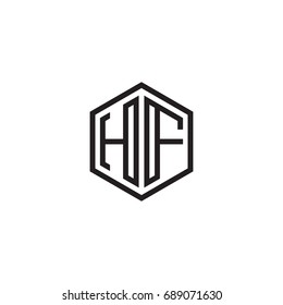 Initial letter HF, minimalist line art monogram hexagon logo, black color