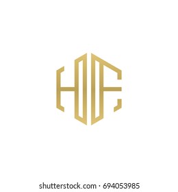 Initial letter HF, minimalist line art hexagon shape logo, gold color