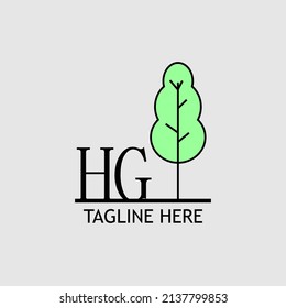Letra inicial HG con el logo del árbol verde. Mínimo, sencillo y único.