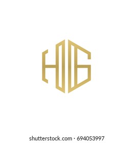 Initial letter HG, minimalist line art hexagon shape logo, gold color