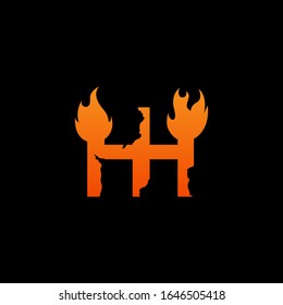 Initial letter HH with fire flames logo design. Creative lettering design concept suitable for company, corporate business and GAME brand identity. Collection of fonts with burn idea isolated black.