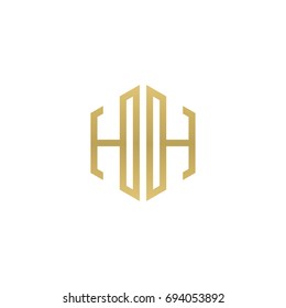 Initial letter HH mirror, minimalist line art hexagon shape logo, gold color