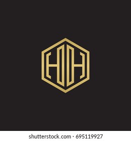 Initial letter HH mirror, minimalist line art hexagon logo, gold color on black background