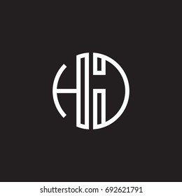 Initial letter HJ, minimalist line art monogram circle shape logo, white color on black background